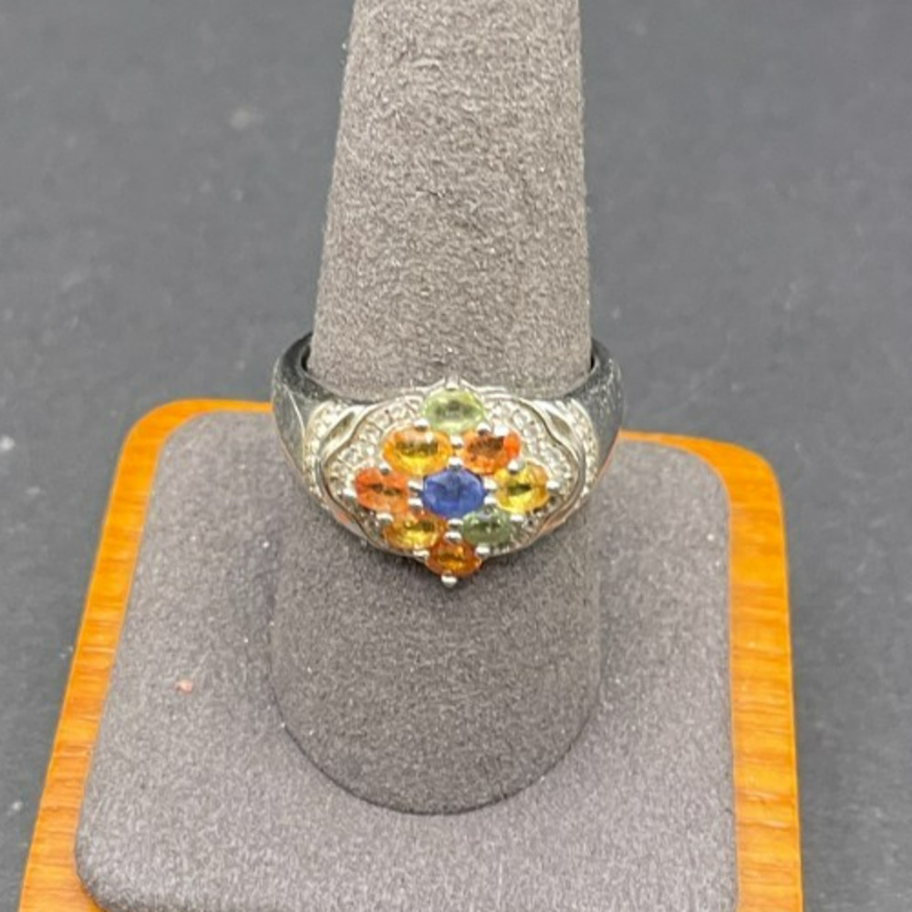 Multi Gemstone Cluster Ring Sterling Silver 925 Size 9.75 Rainbow Cluster